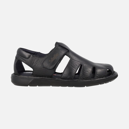 Men's black leather sandals with velcro closure