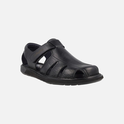 Men's black leather sandals with velcro closure
