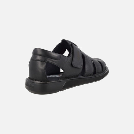 Men's black leather sandals with velcro closure