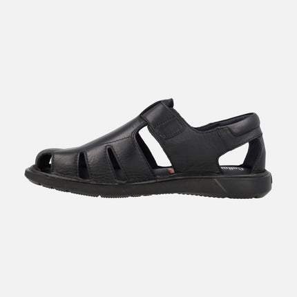 Men's black leather sandals with velcro closure