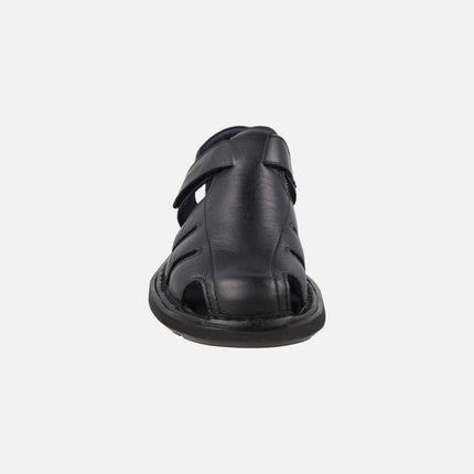 Men's black leather sandals with velcro closure