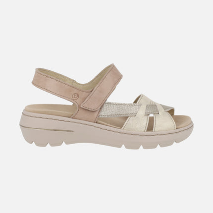 Sandalias confort de piel en combinado taupe con cierre de velcro
