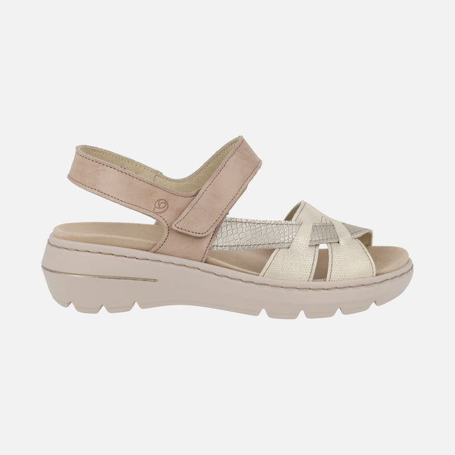 Sandalias confort de piel en combinado taupe con cierre de velcro