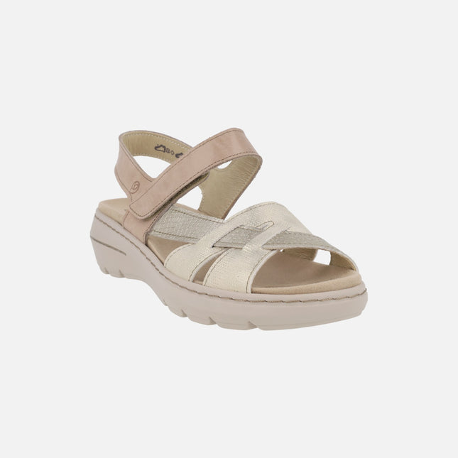 Sandalias confort de piel en combinado taupe con cierre de velcro
