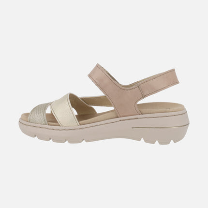 Sandalias confort de piel en combinado taupe con cierre de velcro