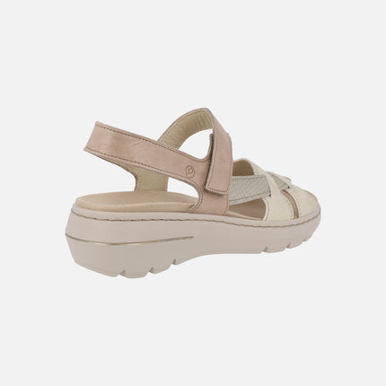 Sandalias confort de piel en combinado taupe con cierre de velcro