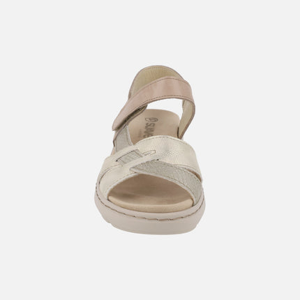 Sandalias confort de piel en combinado taupe con cierre de velcro