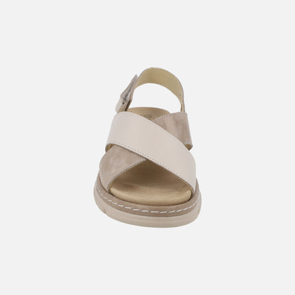 Cross-strap sandals in beige combination with velcro strap at the heel
