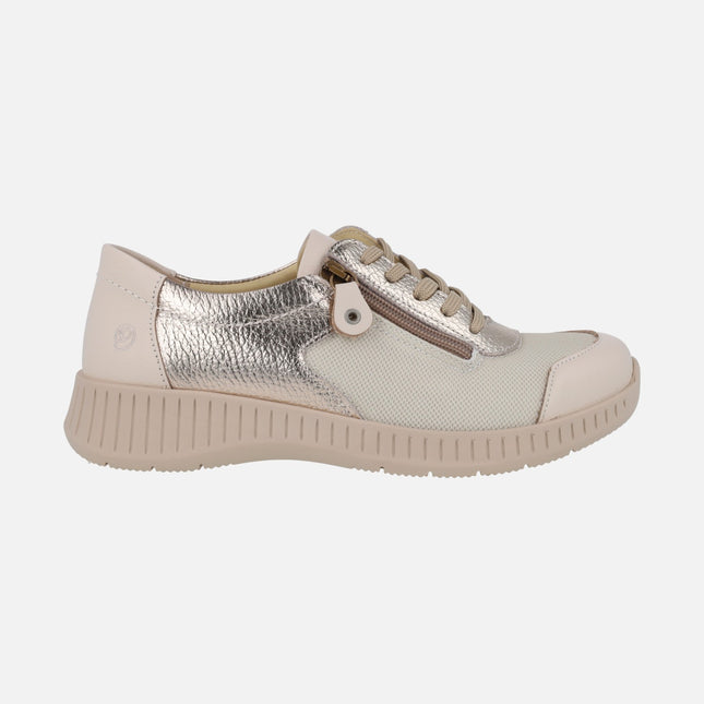 Zapatos deportivos confort con cordones y cremallera en combinado beige
