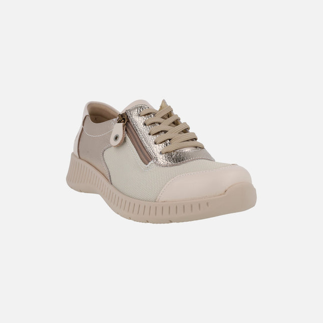 Zapatos deportivos confort con cordones y cremallera en combinado beige