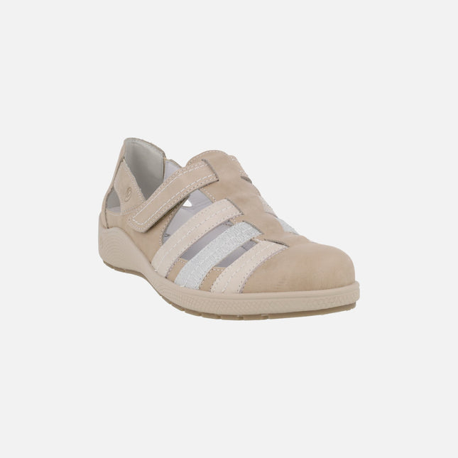 Zapatos confort semiabiertos con cierre de velcro en combinado natural