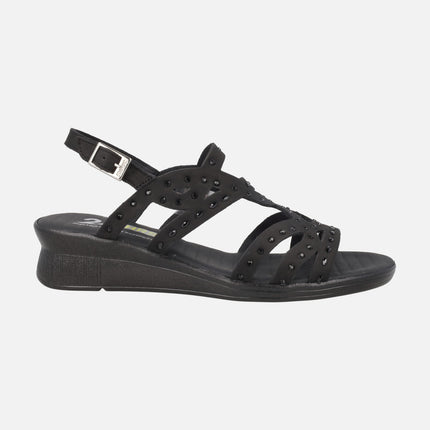 Black Nubuck sandals with low wedge and strass