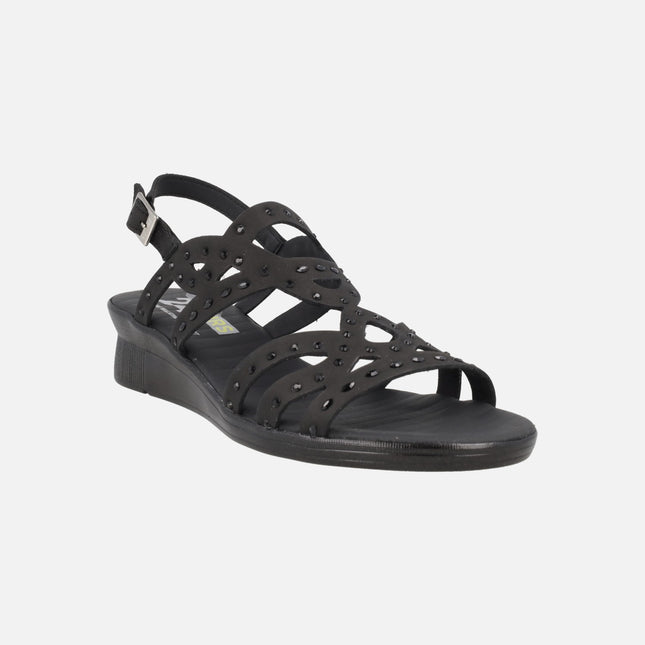 Sandalias de nobuck negro con cuña baja y strass
