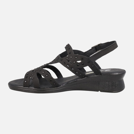 Black Nubuck sandals with low wedge and strass