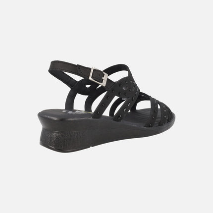Black Nubuck sandals with low wedge and strass