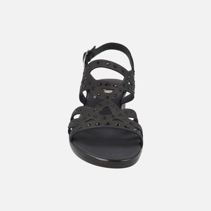 Black Nubuck sandals with low wedge and strass