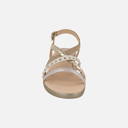 Beige sandals with multi-material straps and low wedge