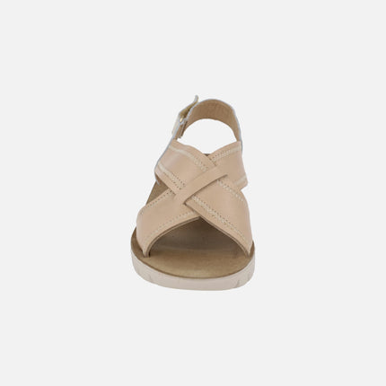 Sandalias de piel en combinado beige con cierre de velcro