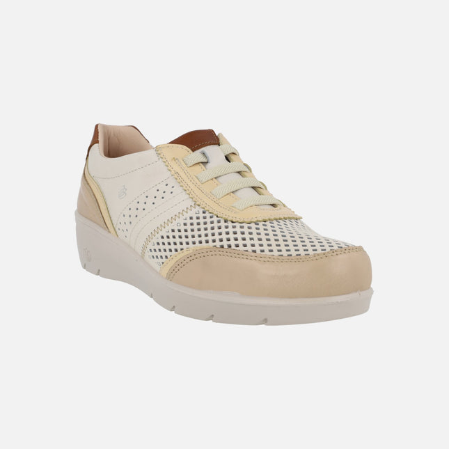 Zapatos deportivos de piel en combinado beige con cordones elásticos