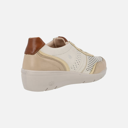 Zapatos deportivos de piel en combinado beige con cordones elásticos
