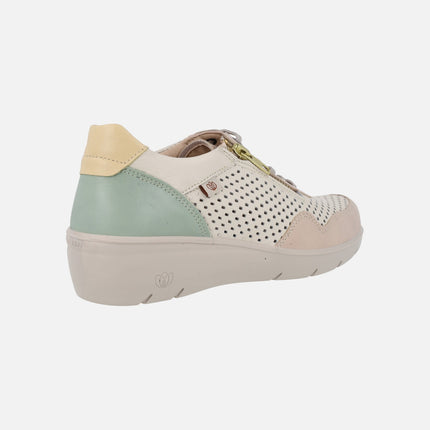 Zapatos deportivos de piel con cordones y cremallera en combinado vainilla