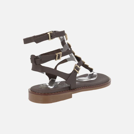 Sandalias planas de piel estilo romanas con detalle de monedas doradas