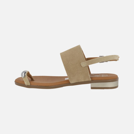 Beige suede sandals with ring-effect toe piece