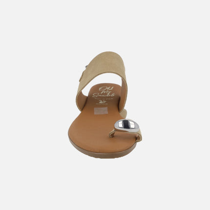 Beige suede sandals with ring-effect toe piece