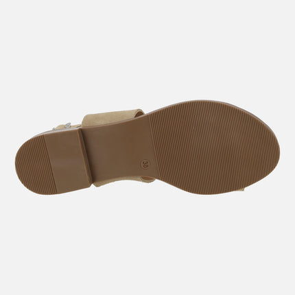 Beige suede sandals with ring-effect toe piece