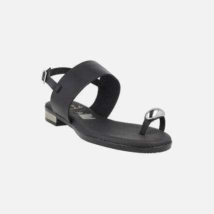 Sandalias de piel con tacón bajo metalizado y pieza efecto anillo
