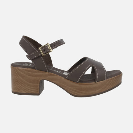 Leather sandals with wood effect platform