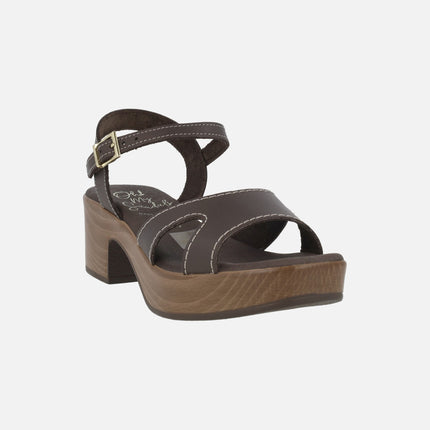 Leather sandals with wood effect platform