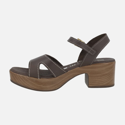 Leather sandals with wood effect platform