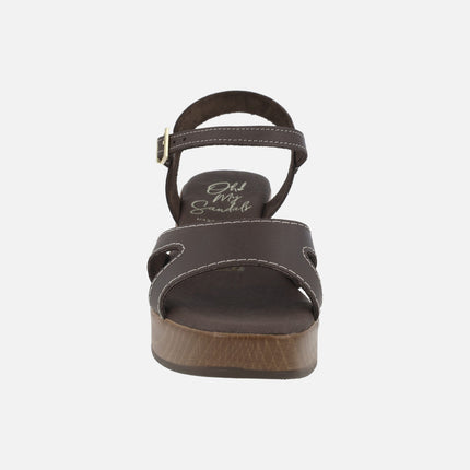 Leather sandals with wood effect platform