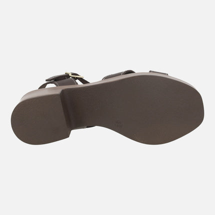Leather sandals with wood effect platform