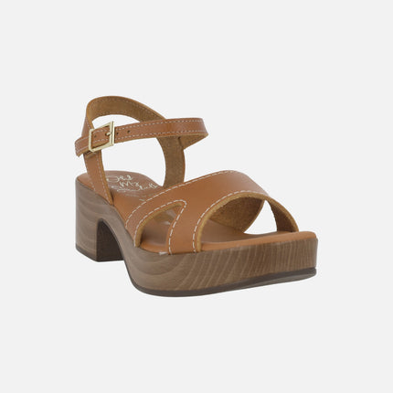 Leather sandals with wood effect platform