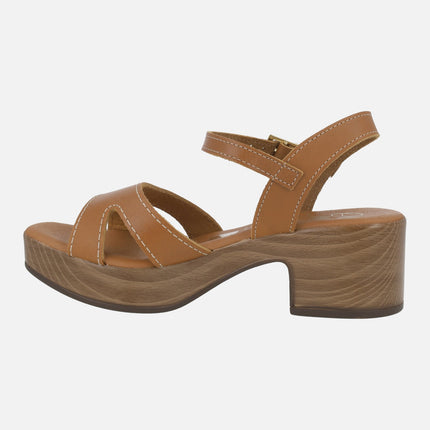 Leather sandals with wood effect platform
