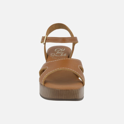 Leather sandals with wood effect platform