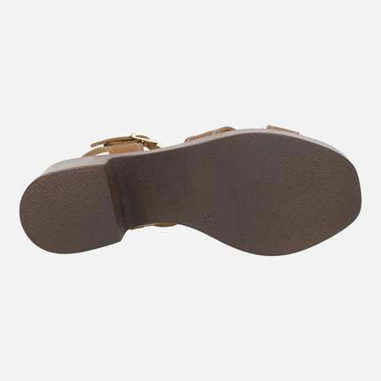 Leather sandals with wood effect platform