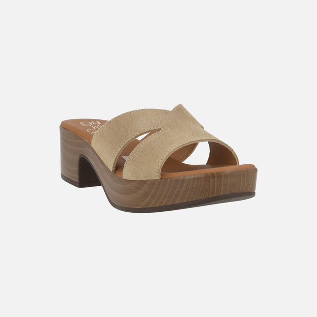 Mules de piel con plataforma efecto madera