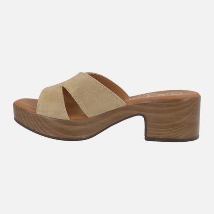 Leather mules with wood effect platform