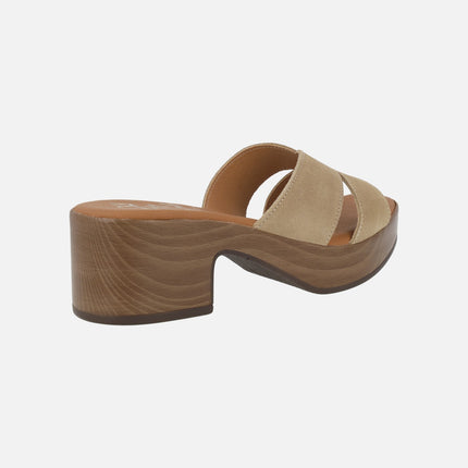 Leather mules with wood effect platform