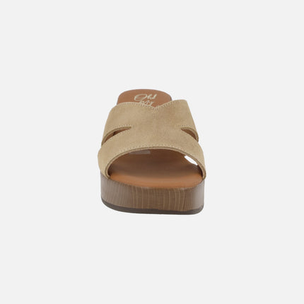 Leather mules with wood effect platform