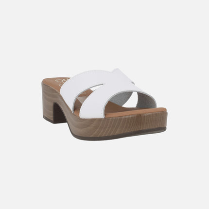 Leather mules with wood effect platform