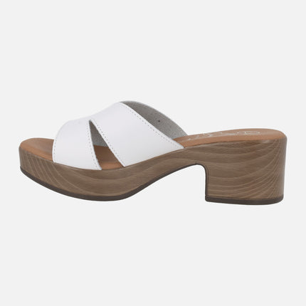 Leather mules with wood effect platform
