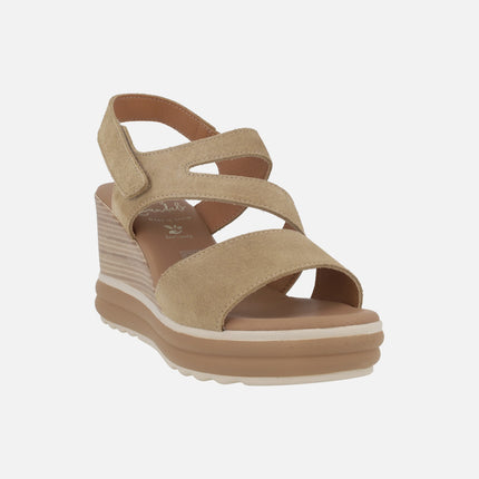 High wedge sandals in beige suede with velcro closure