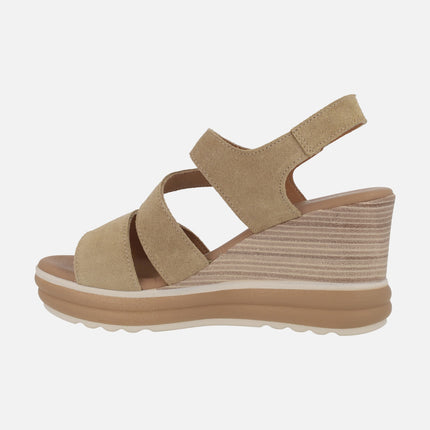 High wedge sandals in beige suede with velcro closure