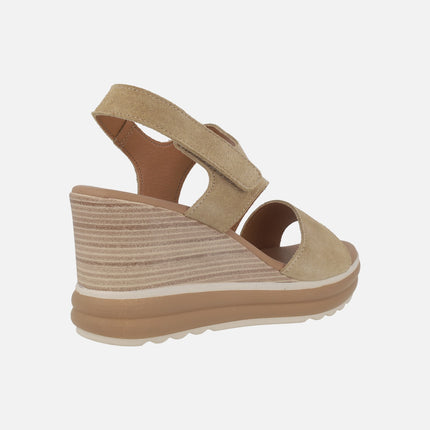 High wedge sandals in beige suede with velcro closure