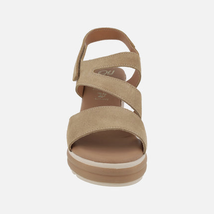 High wedge sandals in beige suede with velcro closure