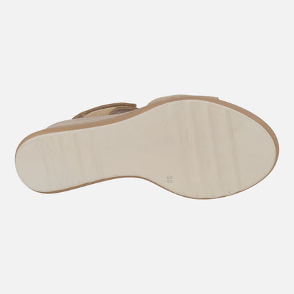 High wedge sandals in beige suede with velcro closure